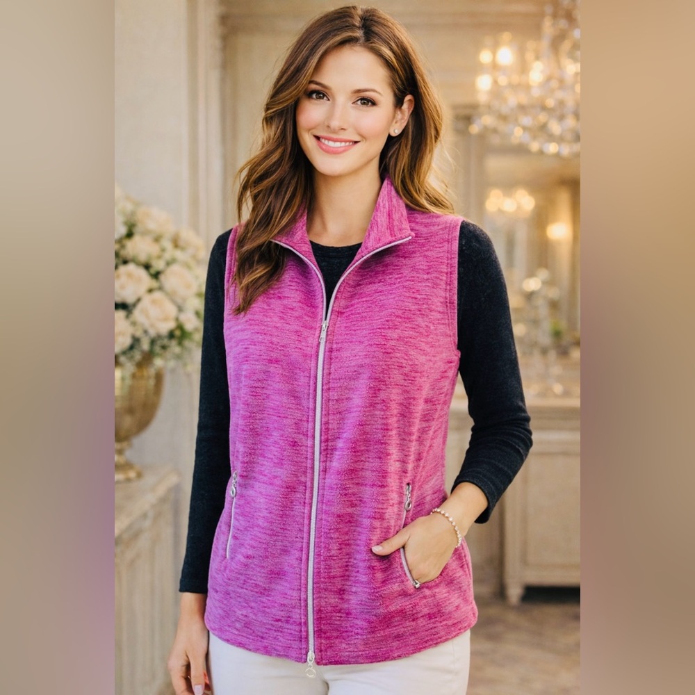Women’s sleeveless vest in a heathered pink color.